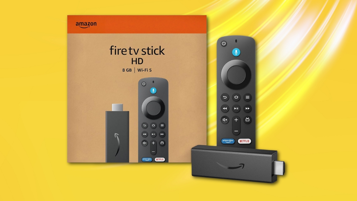 Amazon Fire TV Stick HD with Alexa Voice Remote and packaging displayed on a yellow background, highlighting pre-Black Friday streaming device deal.