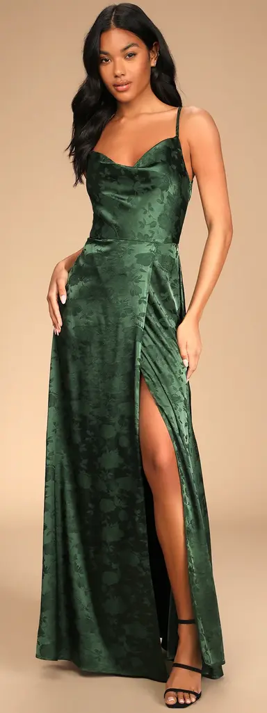 Simply Dreamy Emerald Green Satin Floral Jacquard Maxi Dress