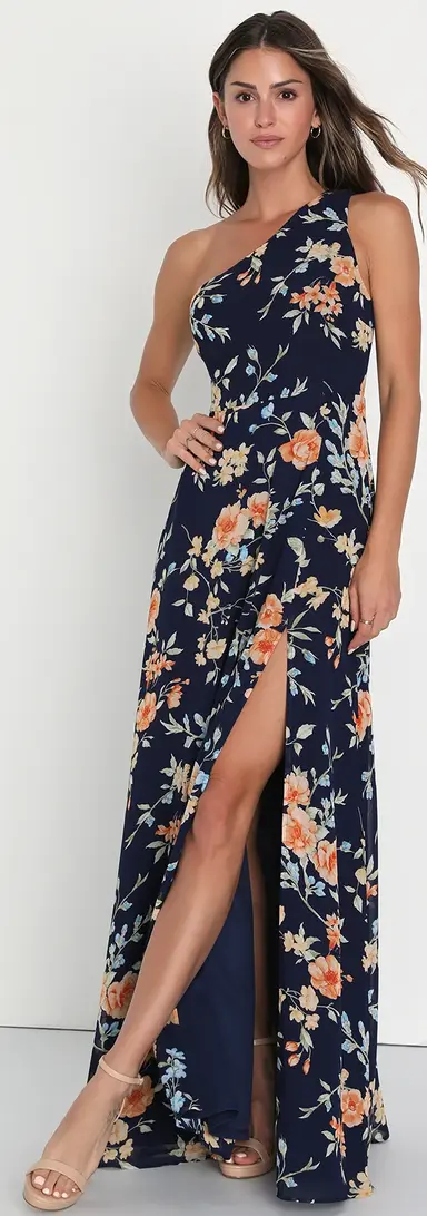 Elegant Admiration Navy Blue Floral One-Shoulder Maxi Dress