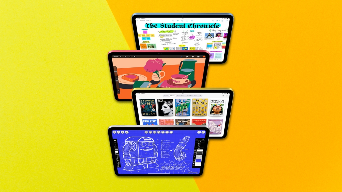 Four Apple iPads displaying creative apps, reading pages, and digital drawings arranged diagonally on a yellow background, showcasing Amazon Pre-Black Friday tablet deals.