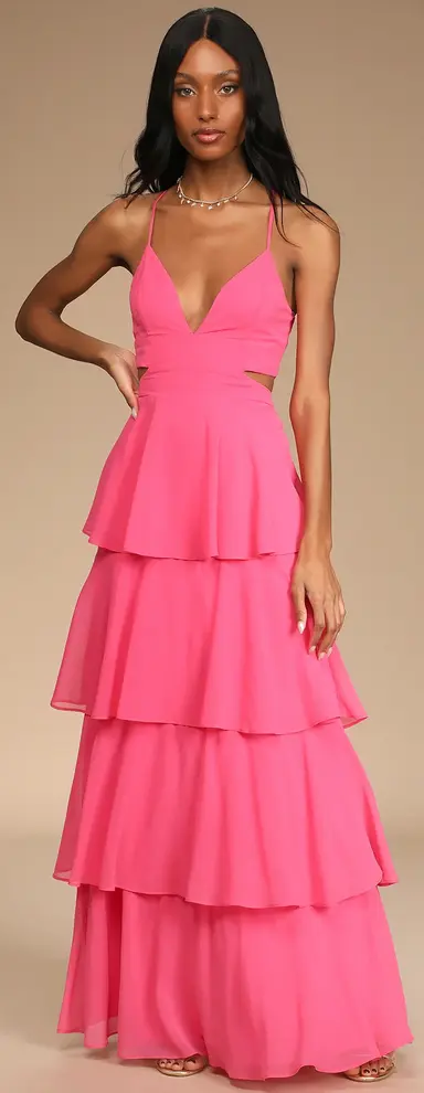 Tier and Now Hot Pink Tie-Back Tiered Maxi Dress