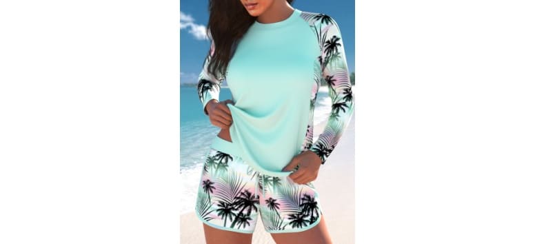 MODLILY® Patchwork Tropical Plants Print Mint Green Tankini Set