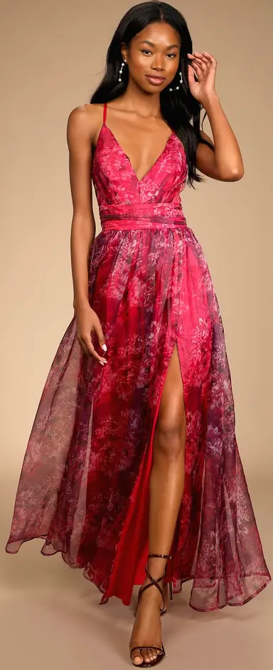 Romance That Wows Magenta Floral Print Organza Maxi Dress