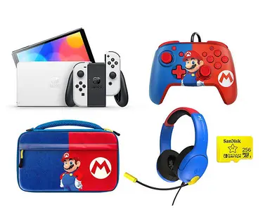 Nintendo Switch OLED Mario Bundle + Headset + Wired Controller + Case + 256GB SanDisk