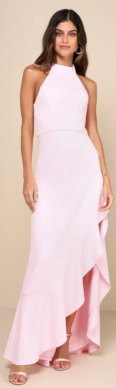 Majestic Perfection Light Pink Ruffled Halter Maxi Dress