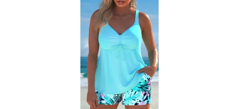 MODLILY® Patchwork Tropical Plants Print Mint Green Tankini Set