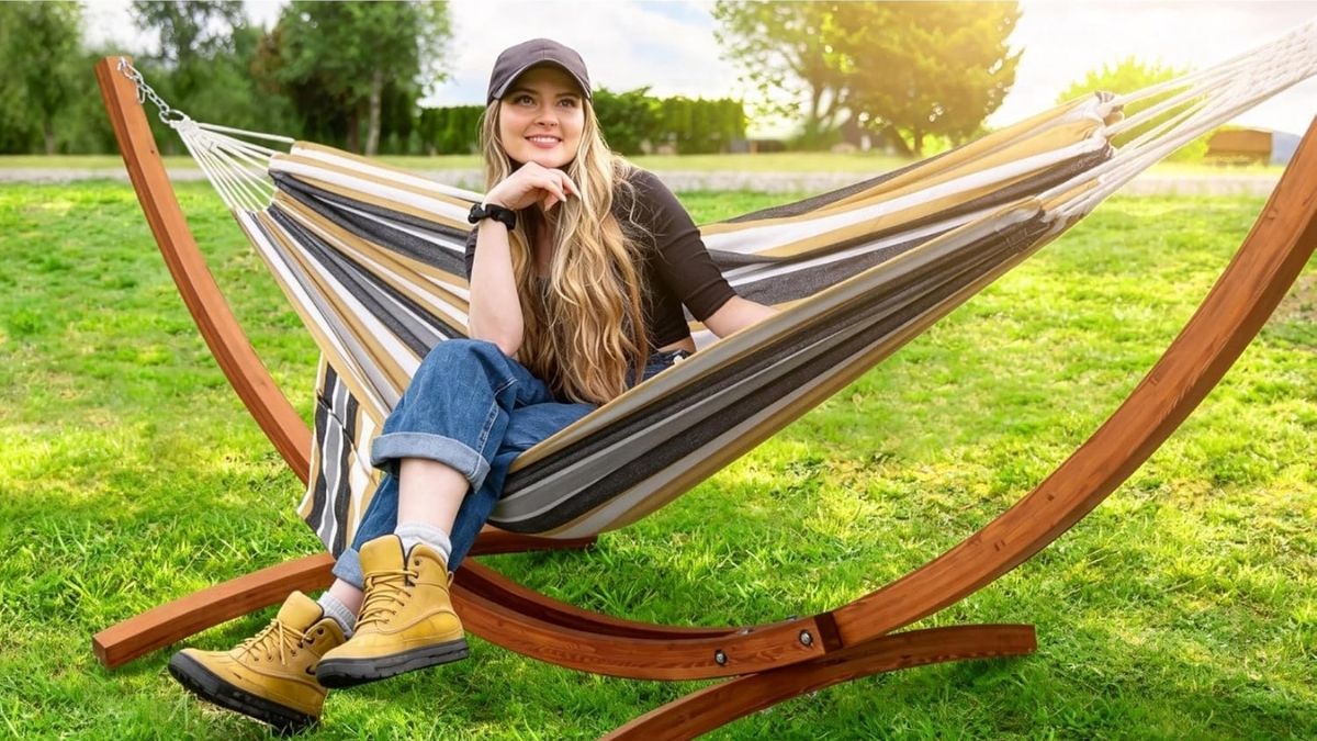 Transform Your Backyard Into a Relaxation Zone With This Wooden Hammock Stand
