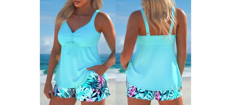 MODLILY® Patchwork Tropical Plants Print Mint Green Tankini Set