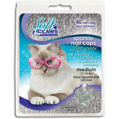 Soft Claws Feline Nail Caps - 40 Nail Caps and Adhesive for Cats (Silver Sparkle, Medium)