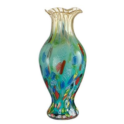 Dale Tiffany Festive Ruffle Hand Blown Art Glass Vase Blue