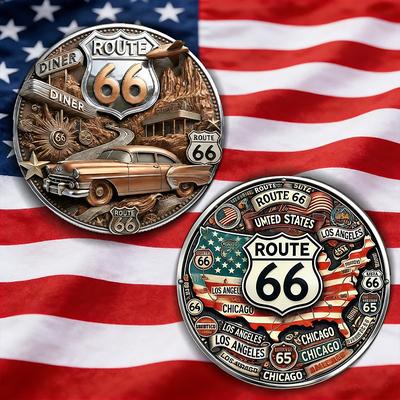 Route 66 – 100 Years of Freedom Commemorative Coin, Collectible Souvenir Coin, Vintage American Road Travel Gift, Motorcycle Classic Car Design, Centennial Keepsake